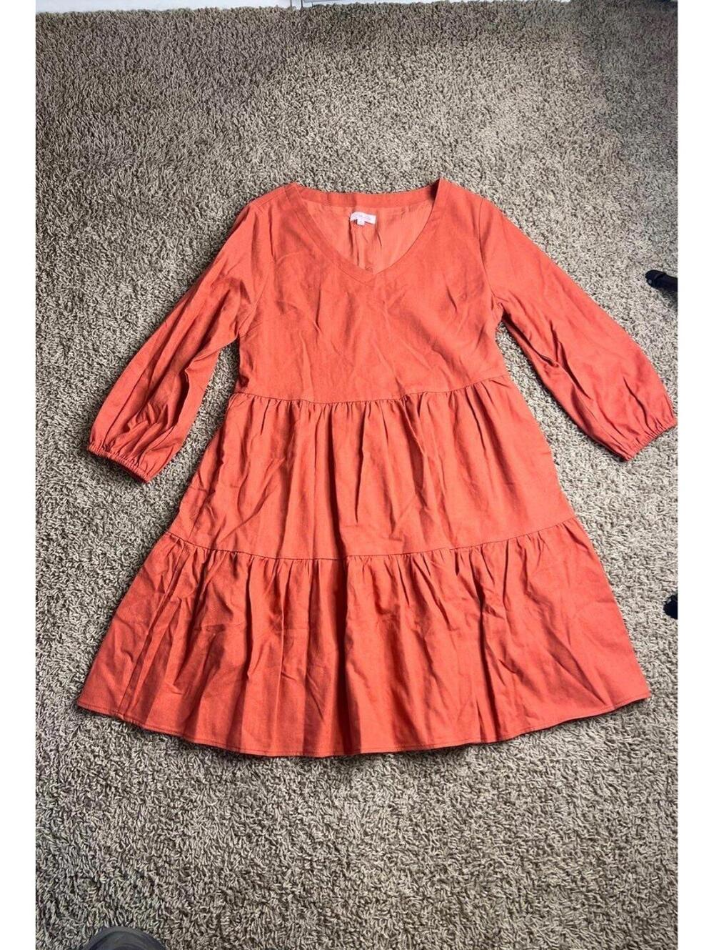 Pink Lily Orange Tiered Linen Blend Dress Medium